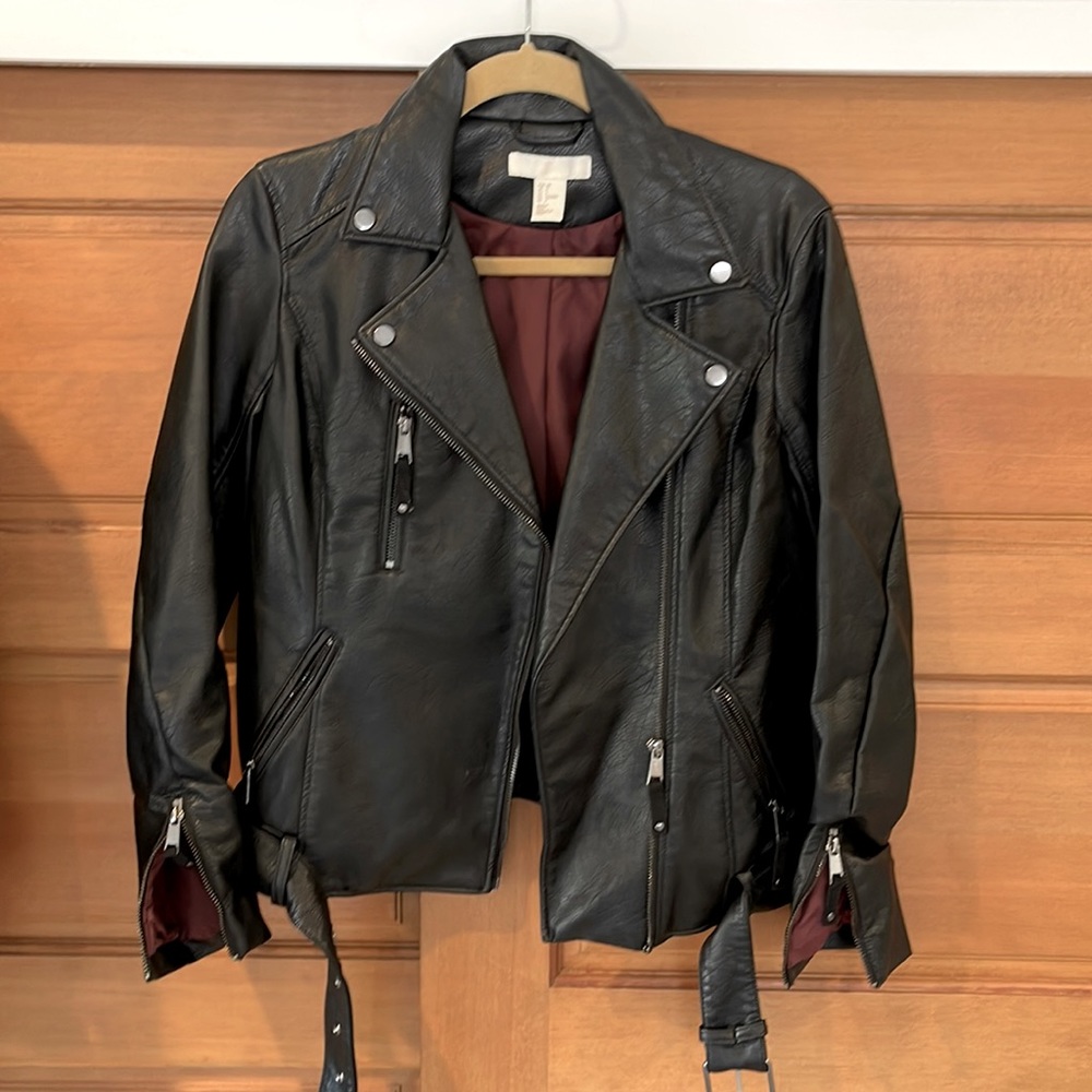 H&M Black Leather Moto Jacket with Burgundy Lining